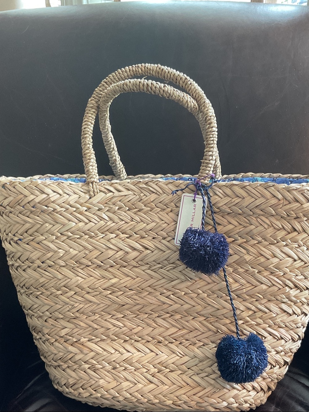 Peter Millar Natural Straw Tote with Navy Pom-Pom Accents